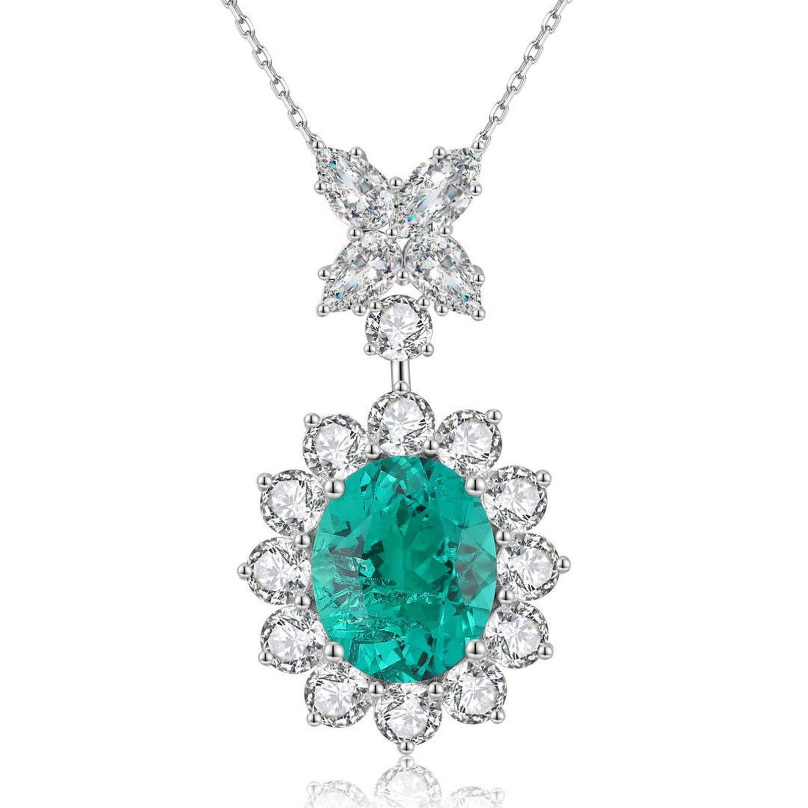 S925 silver necklace, with exquisite clasp. Features oval lab-grown emerald surrounded by diamonds, fresh green, elegant shap