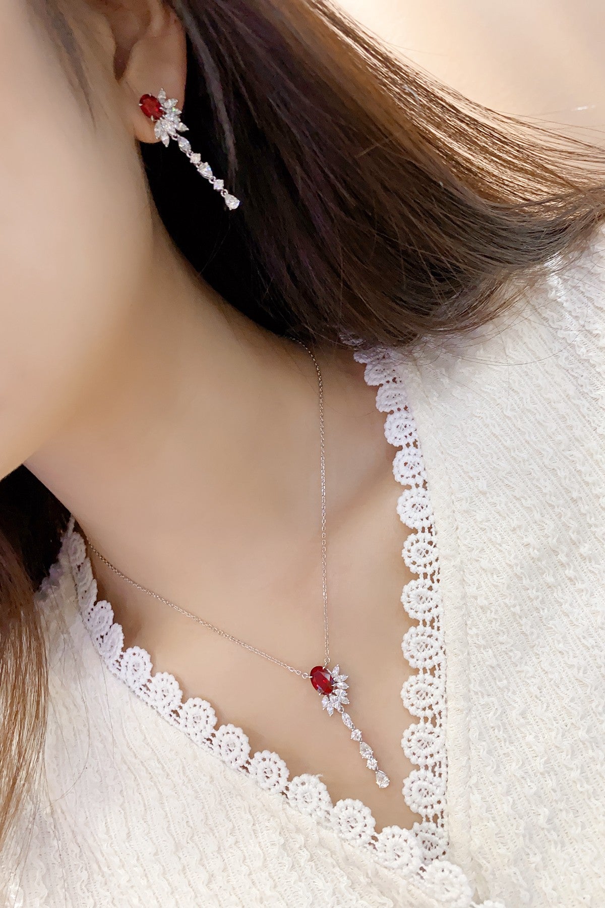 S925 Sterling Silver Pendant Necklace with Lab-Grown Ruby JRURN170Y | SHANALUX