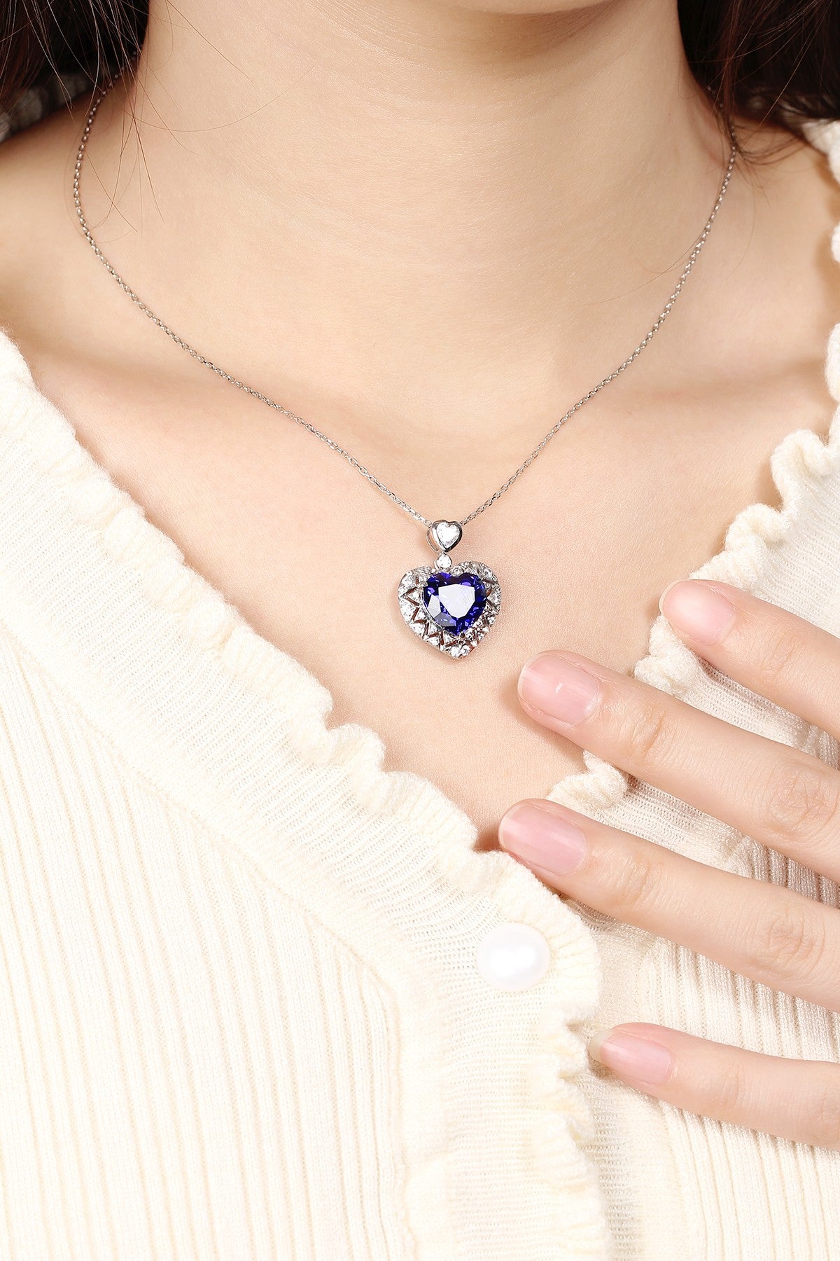 S925 Sterling Silver Pendant Necklace with Lab-Grown Sapphire JSABN140Y | SHANALUX