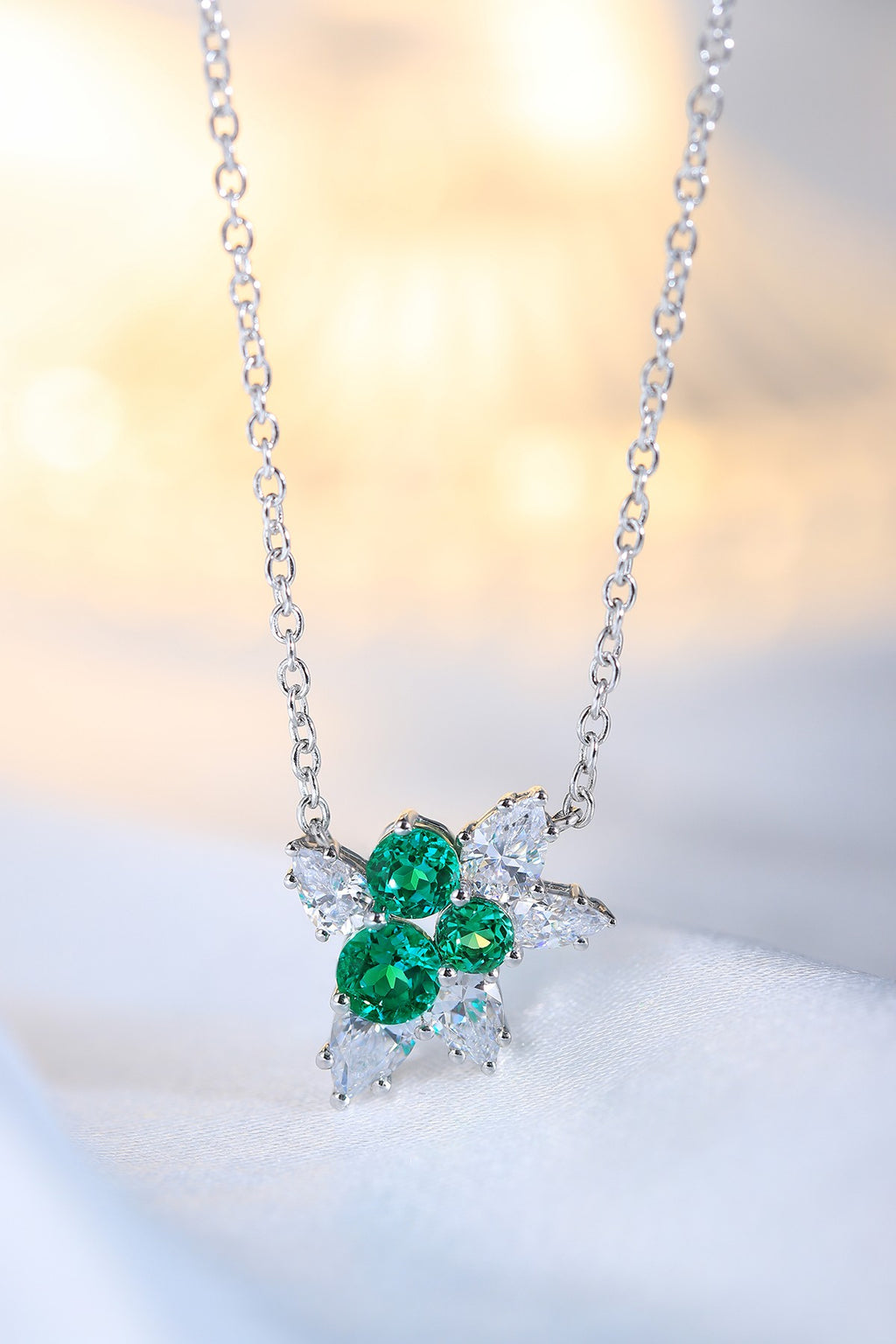 S925 Sterling Silver Pendant Necklace withLab-Grown Emerald JSEGN052Y | SHANALUX