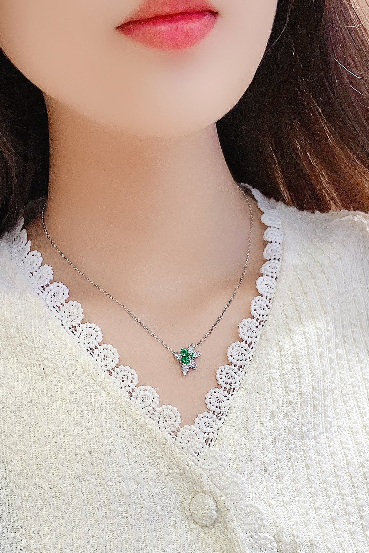 S925 Sterling Silver Pendant Necklace withLab-Grown Emerald JSEGN052Y | SHANALUX