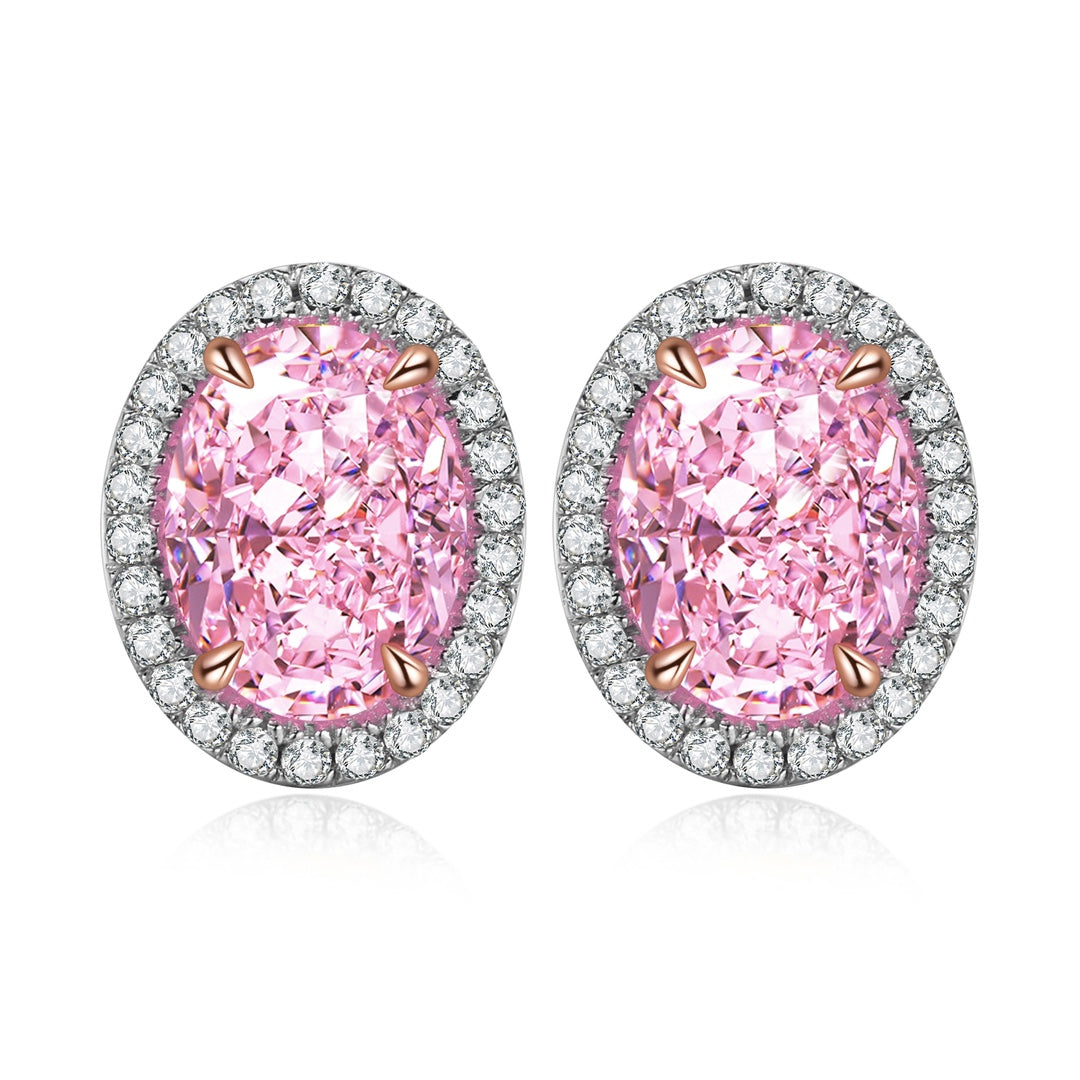 S925 silver stud earrings with classic clasp, pink cubic zirconia in soft color, oval - shaped and elegant.