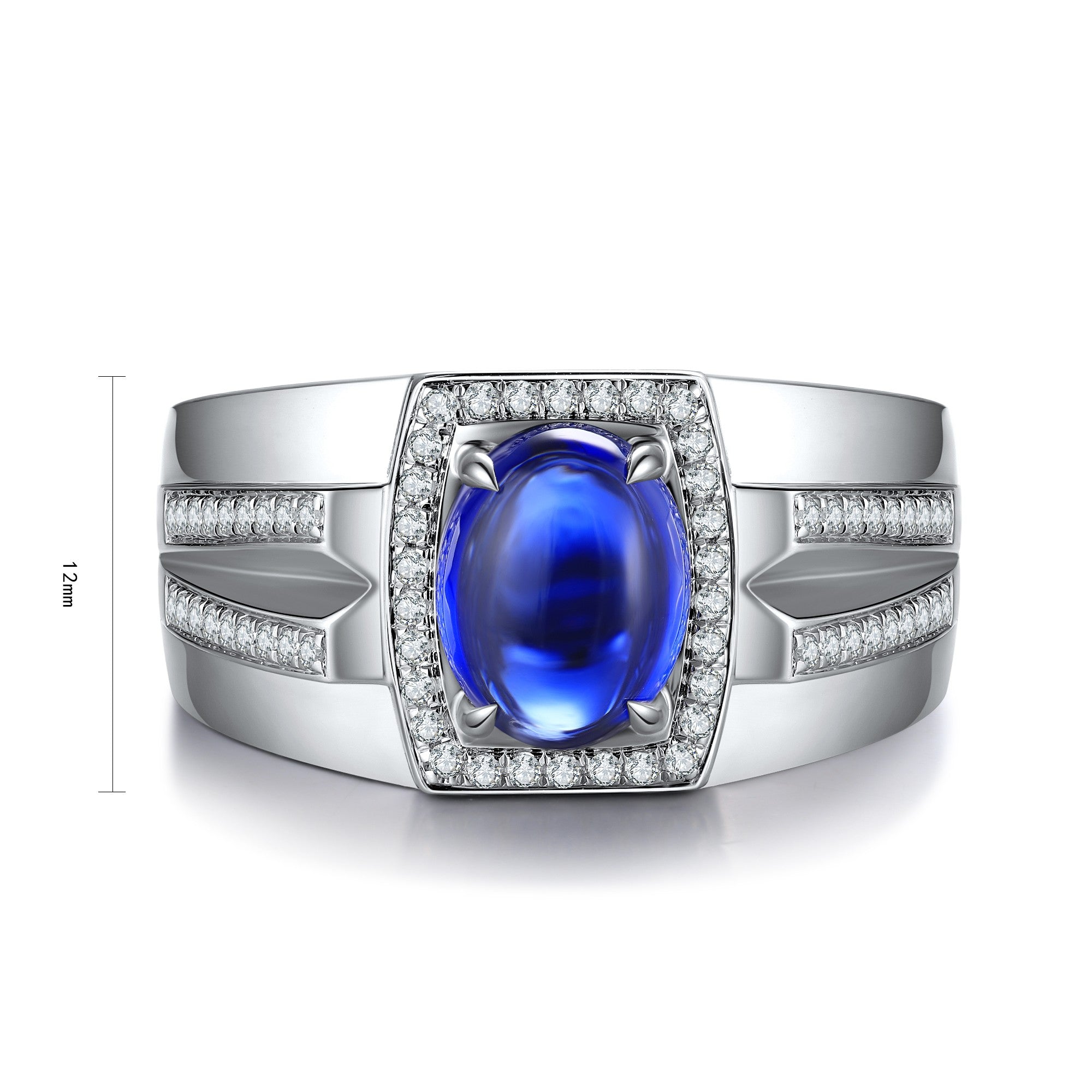 S925 silver open-end ring, with claw setting securing oval lab-grown sapphire. Deep blue color catches eye, shape is grand an
