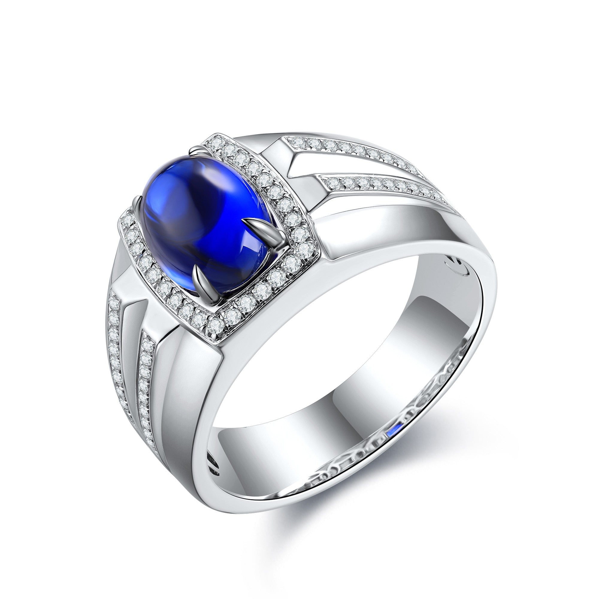 This S925 silver ring, open and adjustable, holds sapphire via fine claw setting. Blue like sea, oval shape is elegant.