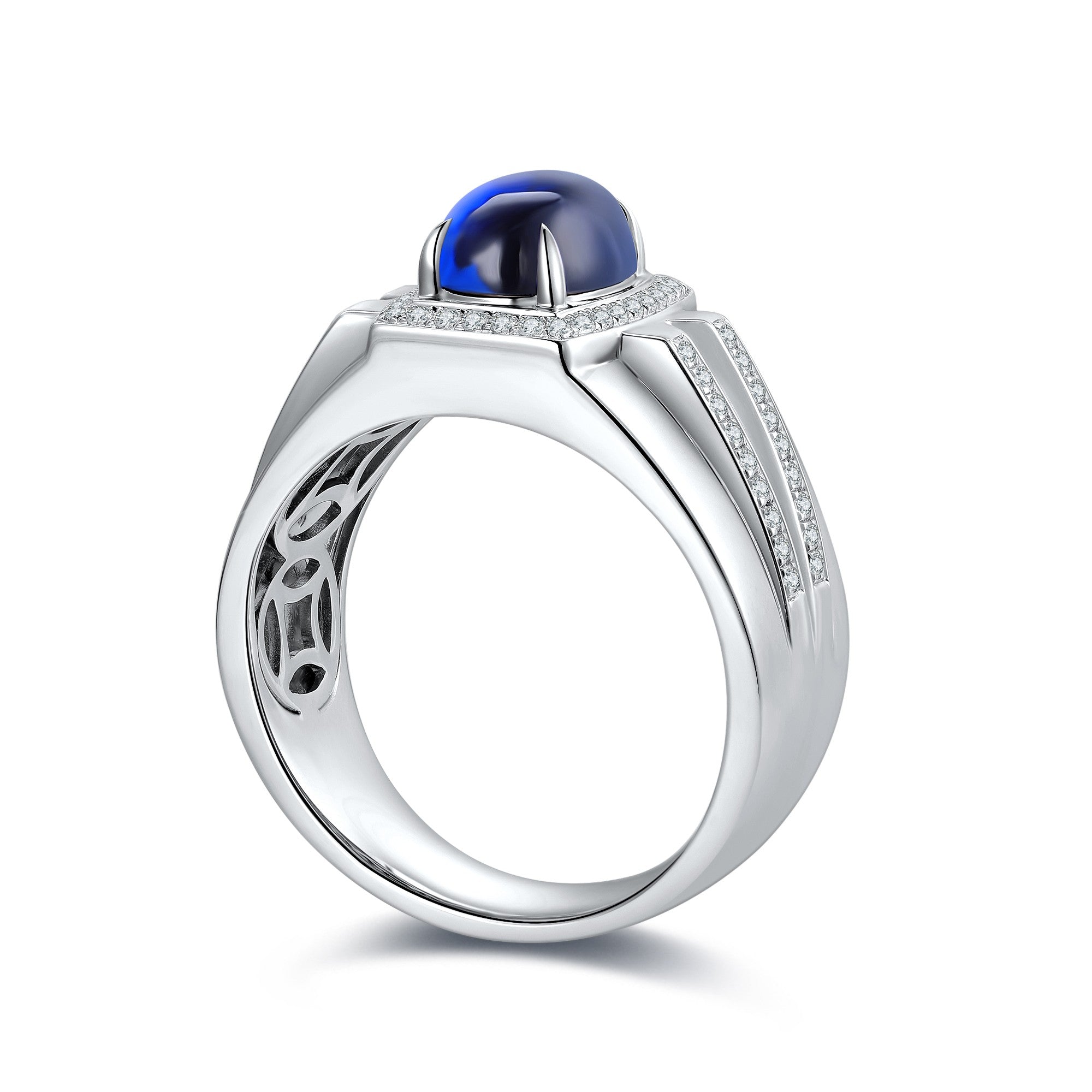 Open-end S925 silver ring, claw setting embraces oval lab-grown sapphire. Vibrant blue, sleek shape exudes charm.