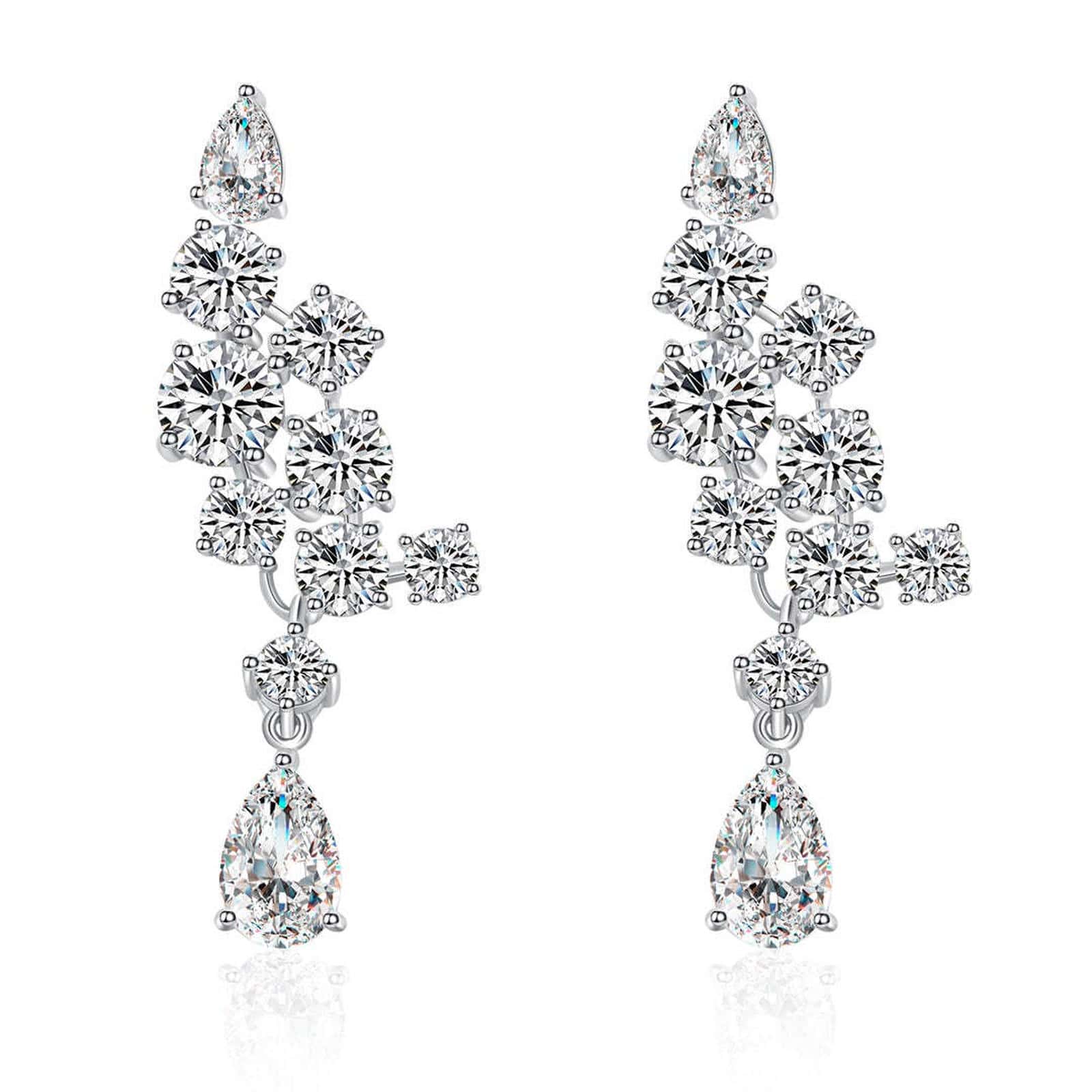 S925 silver earrings, secure clasp, clear lab - gems, teardrop & round shapes, dazzling.