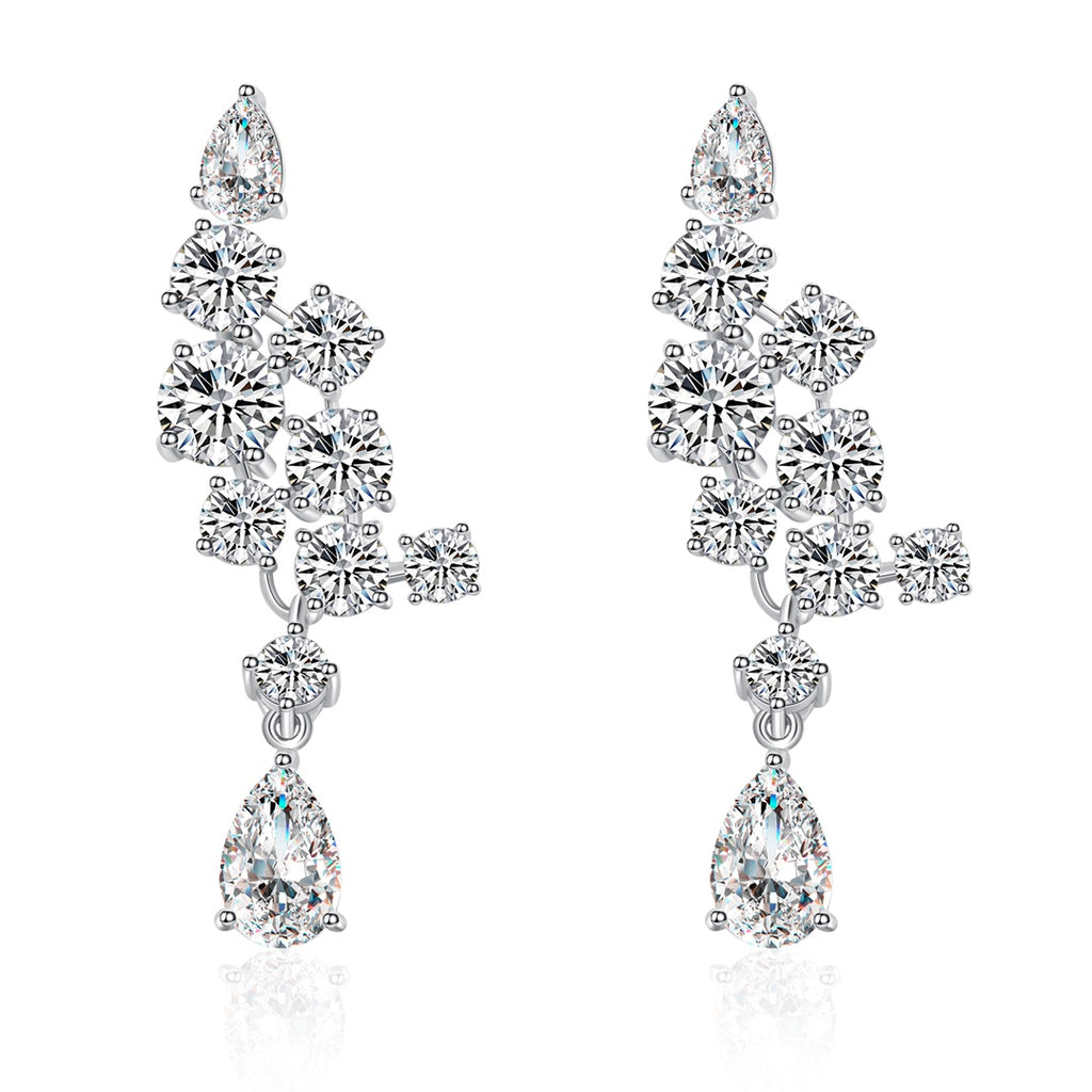 S925 silver earrings, secure clasp, clear lab - gems, teardrop & round shapes, dazzling.