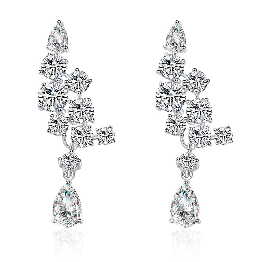 S925 silver earrings, secure clasp, clear lab - gems, teardrop & round shapes, dazzling.