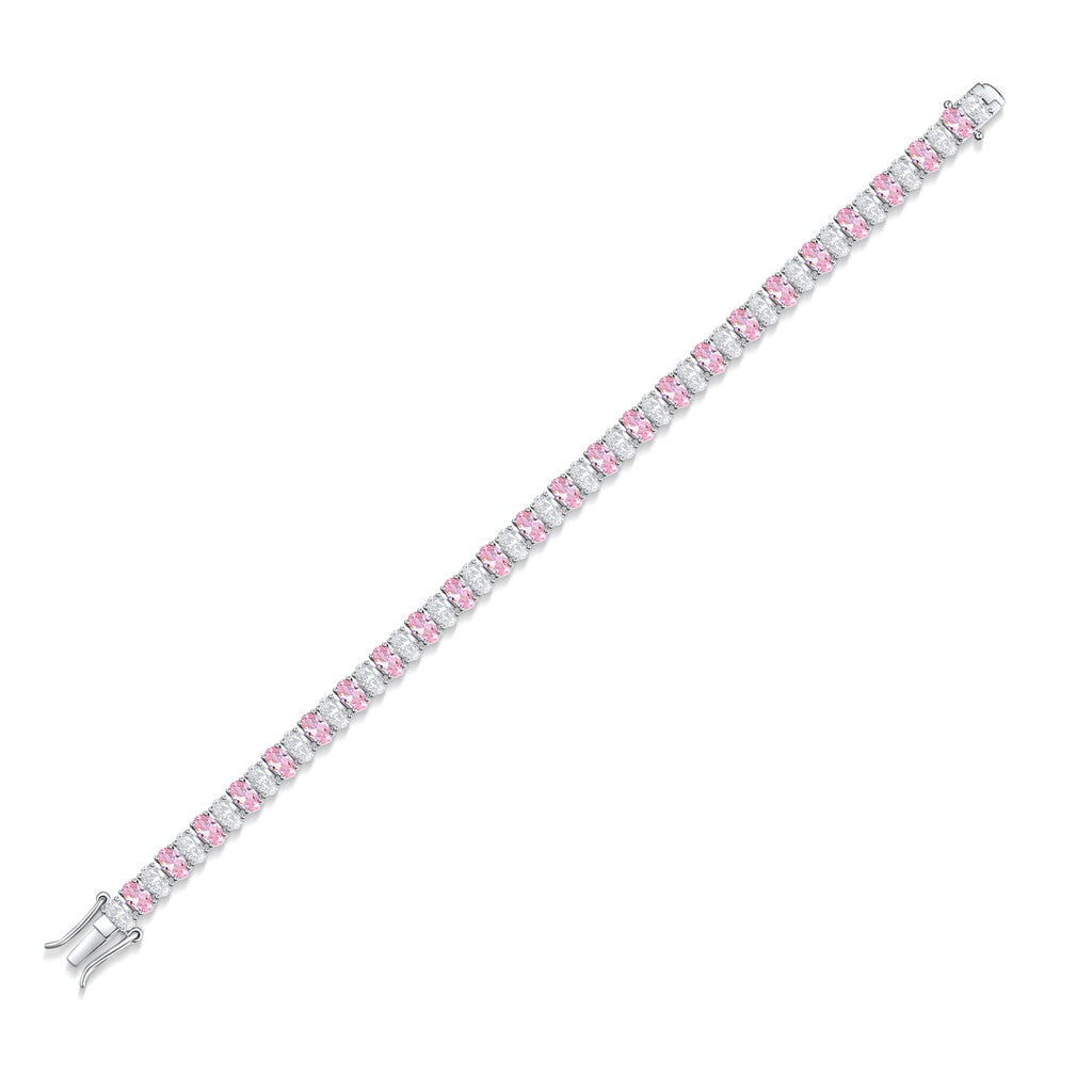The S925 silver bracelet features a fine - designed clasp. Pink and white cubic zirconia in row, sweet linear shape.