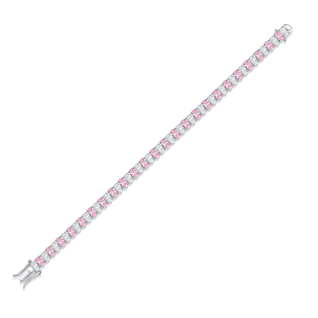 The S925 silver bracelet features a fine - designed clasp. Pink and white cubic zirconia in row, sweet linear shape.