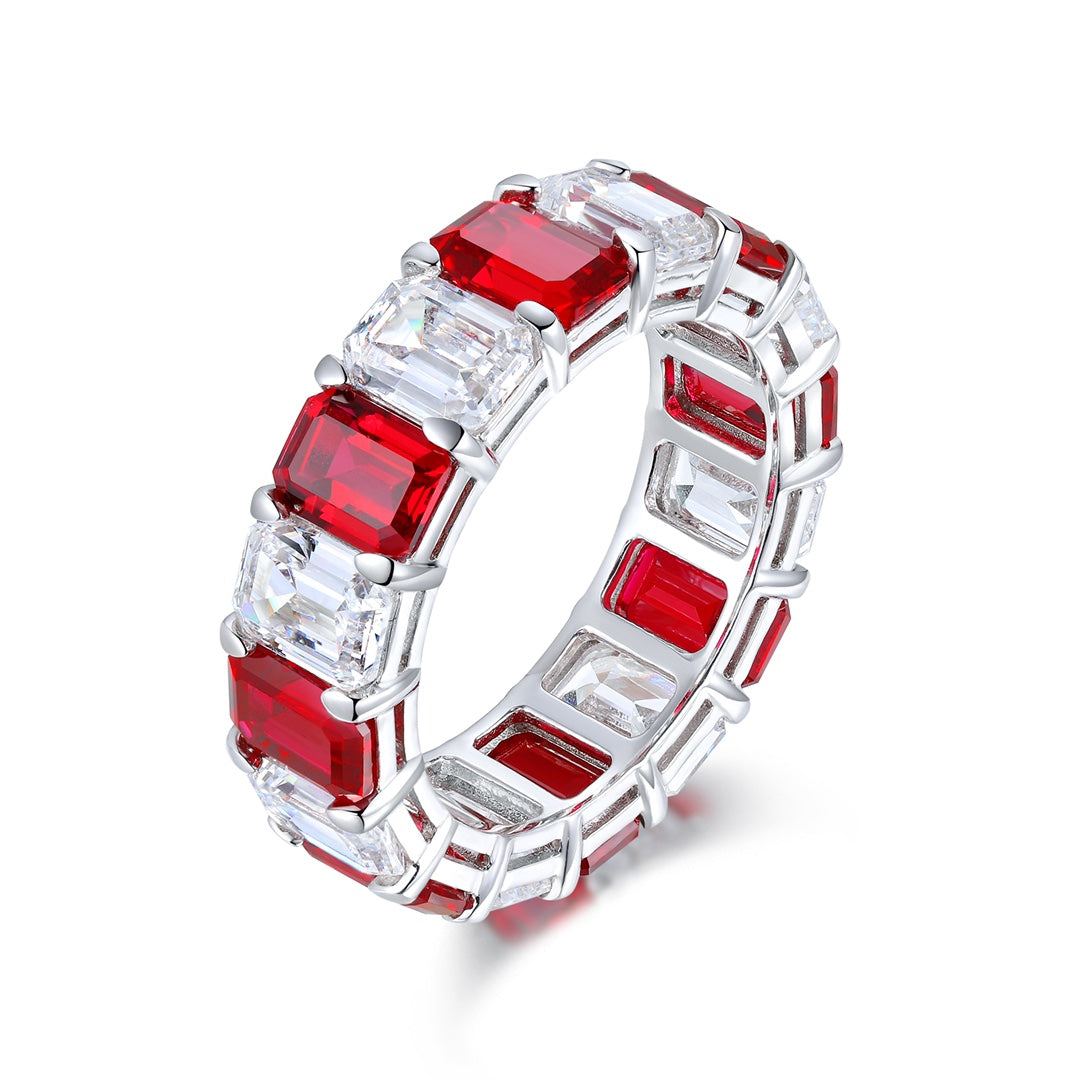 S925 silver ring, secure band design. Alternating red lab-grown rubies and clear gems, circular shape.