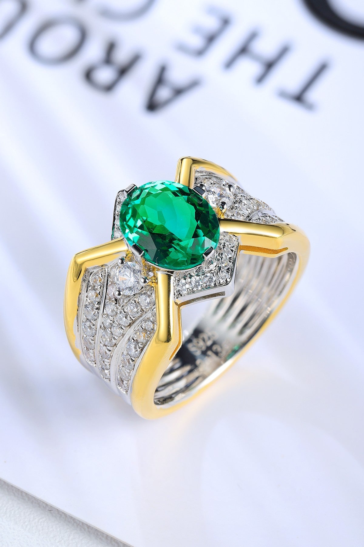 Gold-Plated 925 Sterling Silver Ring with Lab-Grown Emerald JSEGR938Y | SHANA LUX