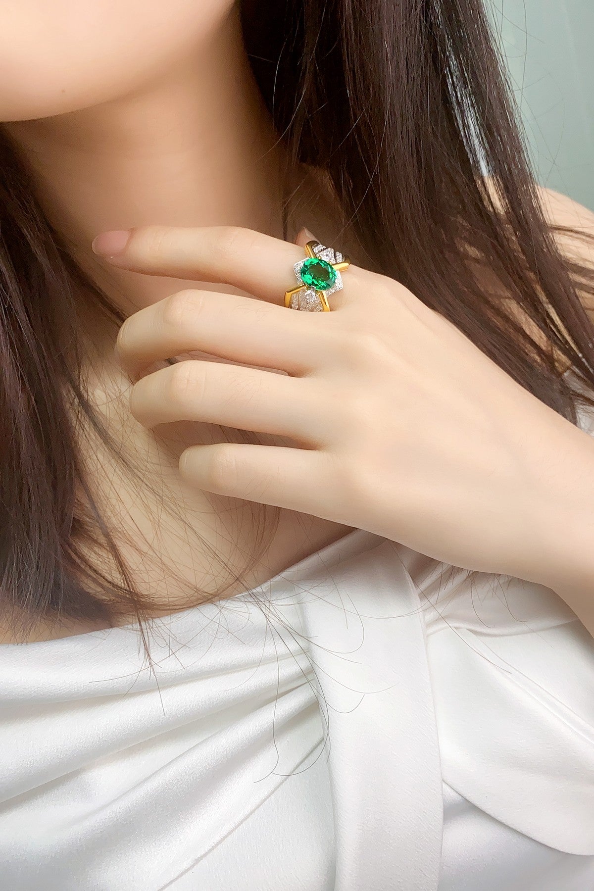 Gold-Plated 925 Sterling Silver Ring with Lab-Grown Emerald JSEGR938Y | SHANA LUX