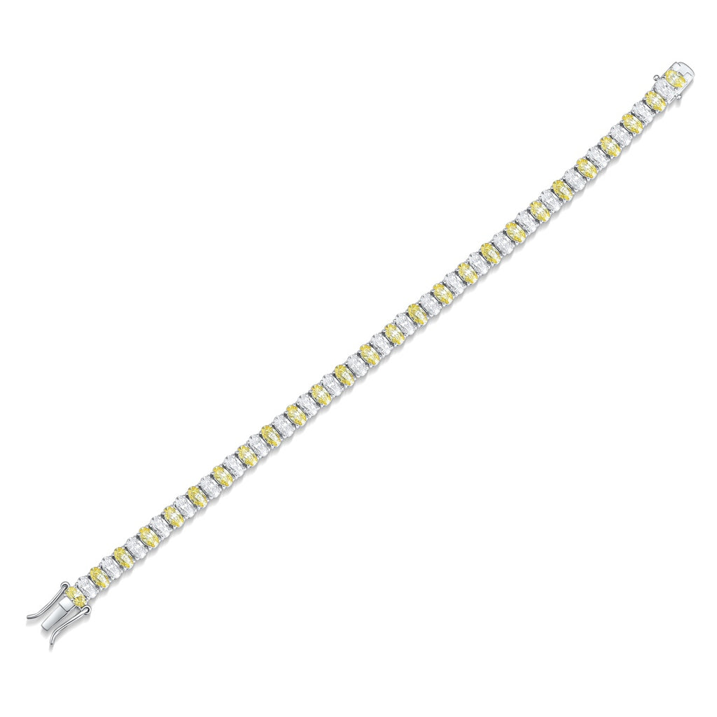 This S925 silver bracelet has a simple clasp. Yellow and white cubic zirconia set in row, linear shape is stylish.