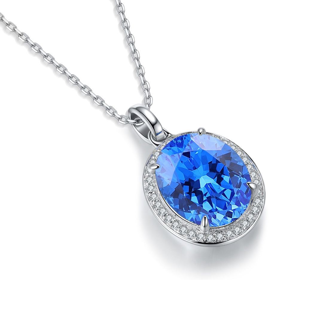 S925 silver necklace with clasp, large oval blue pendant encircled by small diamonds, classic design.