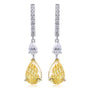 S925 silver earrings, secure hoop clasp. Upper clear and lower yellow cubic zirconia, teardrop - shaped design.