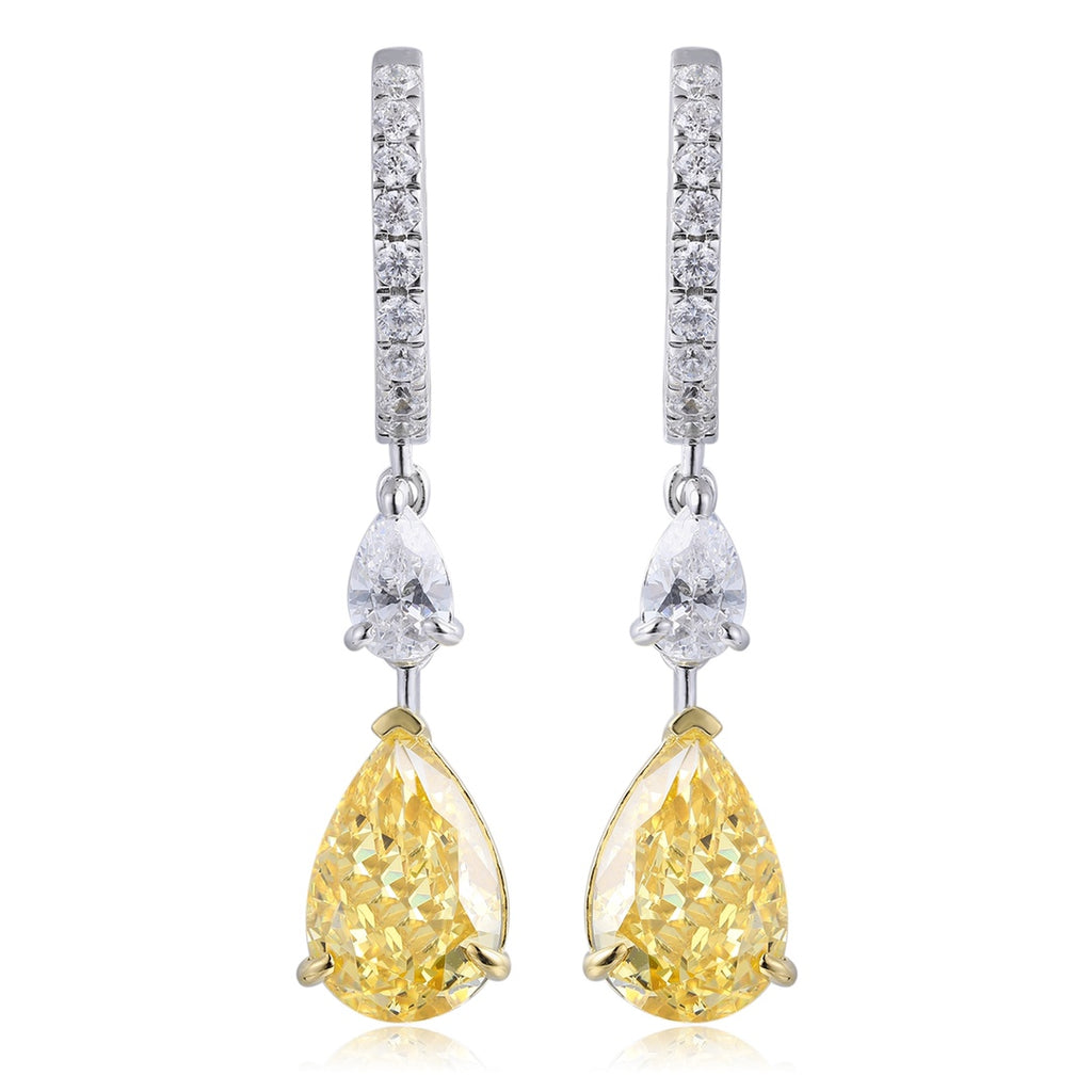 S925 silver earrings, secure hoop clasp. Upper clear and lower yellow cubic zirconia, teardrop - shaped design.
