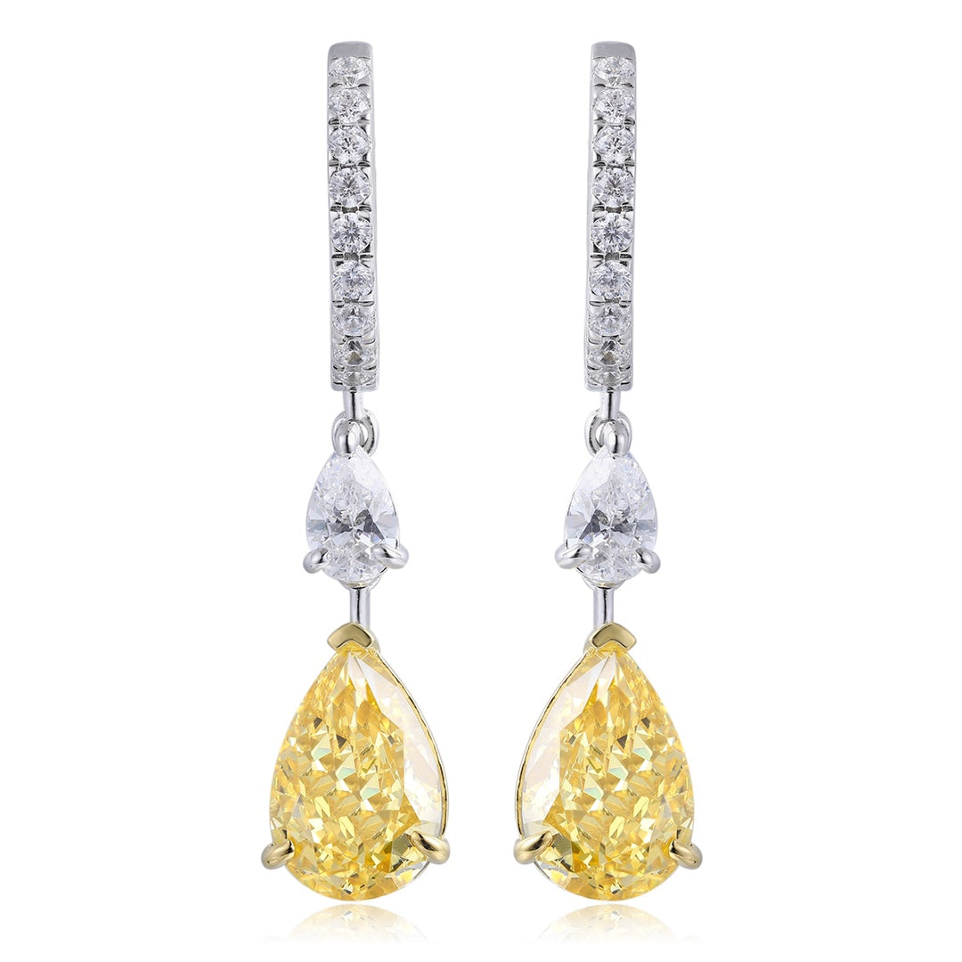 S925 silver earrings, secure hoop clasp. Upper clear and lower yellow cubic zirconia, teardrop - shaped design.