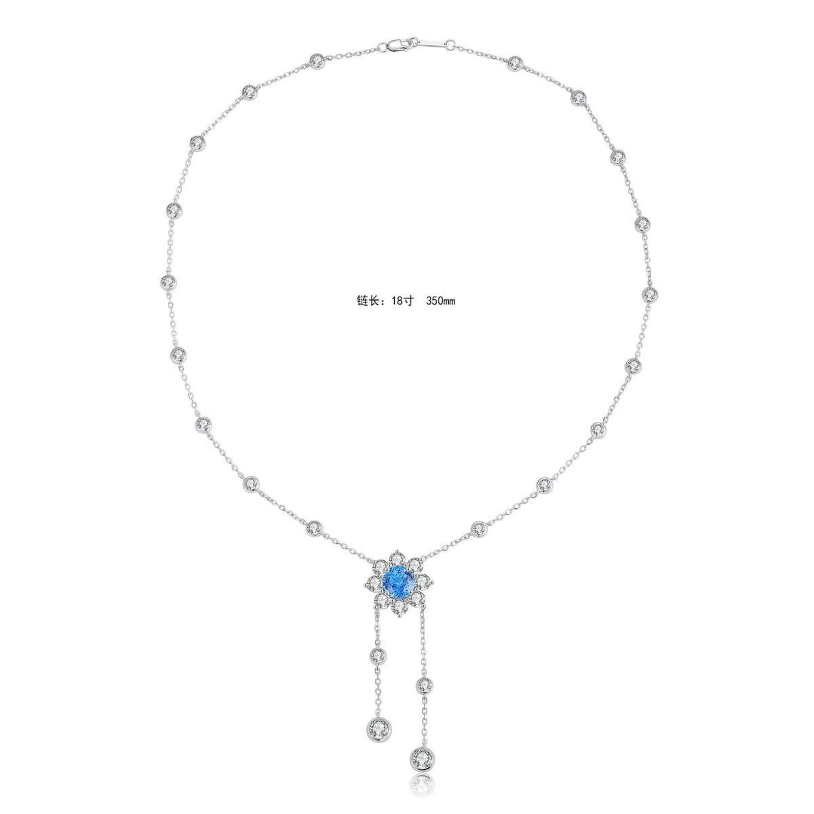 S925 silver pendant necklace. Chain with clasp, deep-blue gem in floral setting with dangling diamonds, attractive shape.