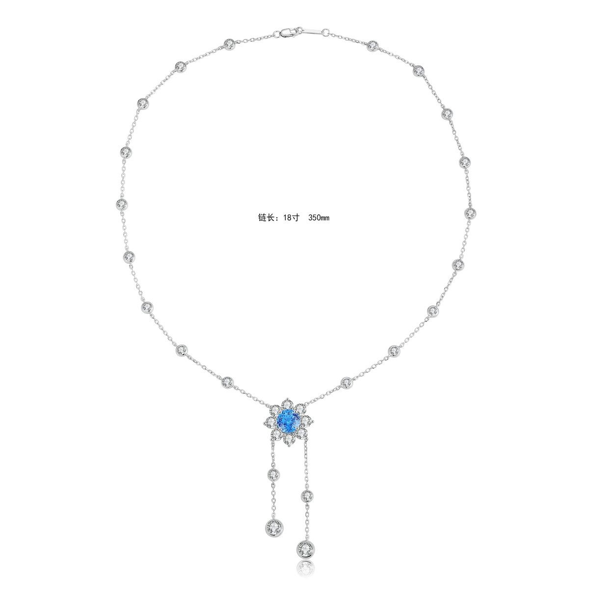 S925 silver pendant necklace. Chain with clasp, deep-blue gem in floral setting with dangling diamonds, attractive shape.