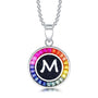 Petite S925 silver necklace, ball - chain design. Features a round "M" pendant, multi - colored with lab - grown sapphires.