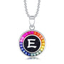 Petite S925 silver necklace, ball - chain design. Features a round "E" pendant, multi - colored with lab - grown sapphires.