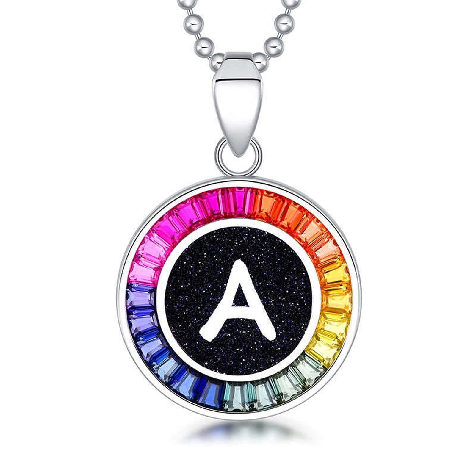 Petite S925 silver necklace, ball - chain design. Features a round "A" pendant, multi - colored with lab - grown sapphires.