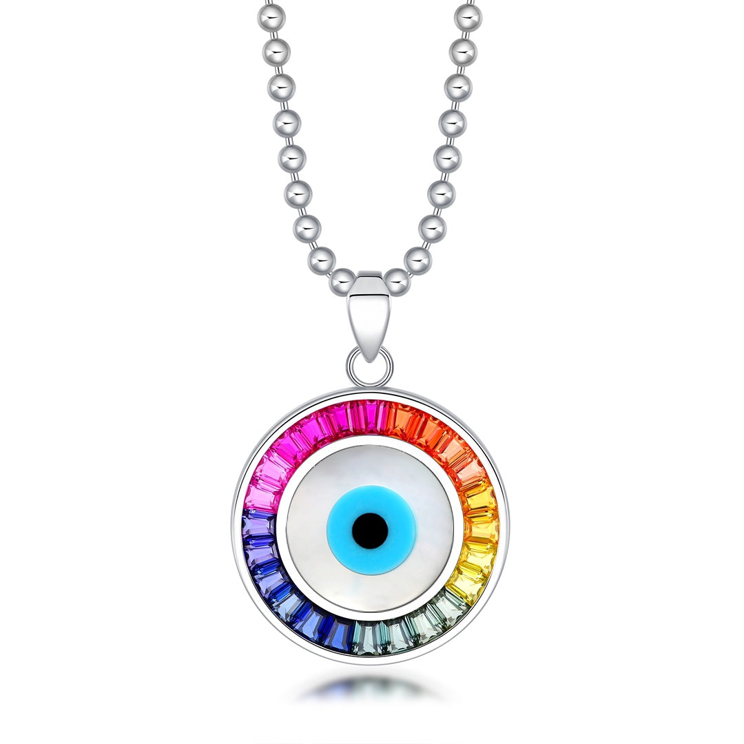 Large Size-The S925 silver chain with a simple clasp, the round pendant features a gem-inlaid eye design, with vibrant colors