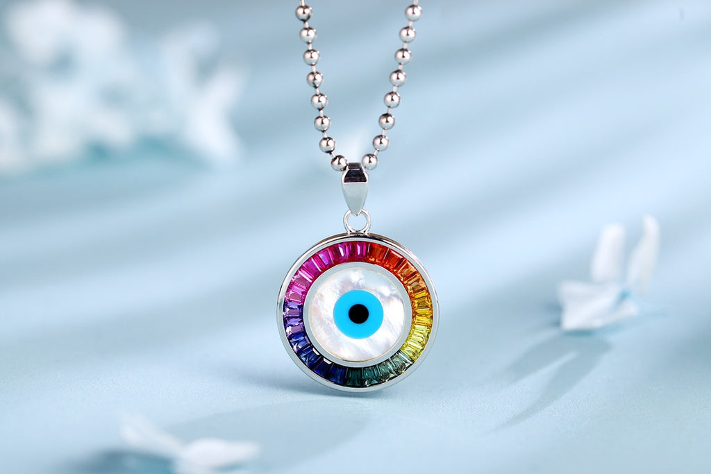 Large Size-S925 silver with a practical clasp, the round pendant is eye-shaped, surrounded by multi-colored gems, rich in col