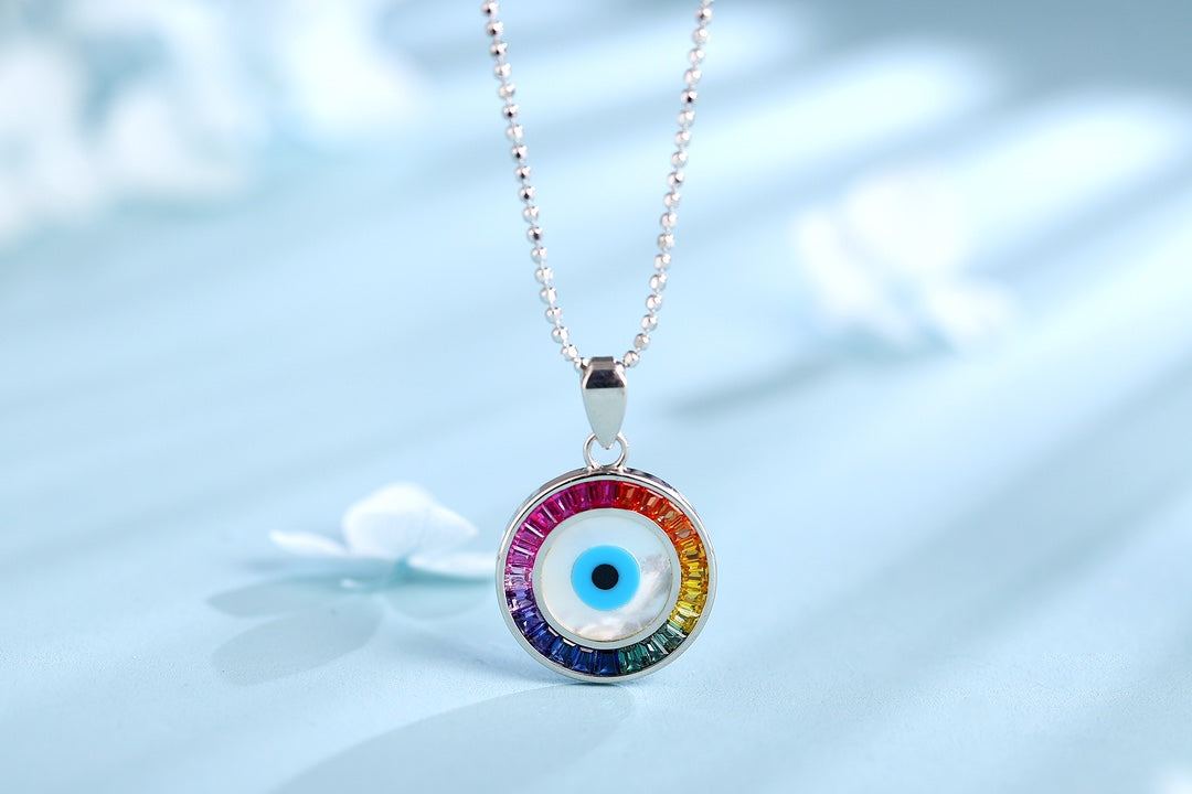 Petite Size-The silver chain (S925) with a delicate clasp, eye-shaped round pendant, the combination of multi-colored gems an