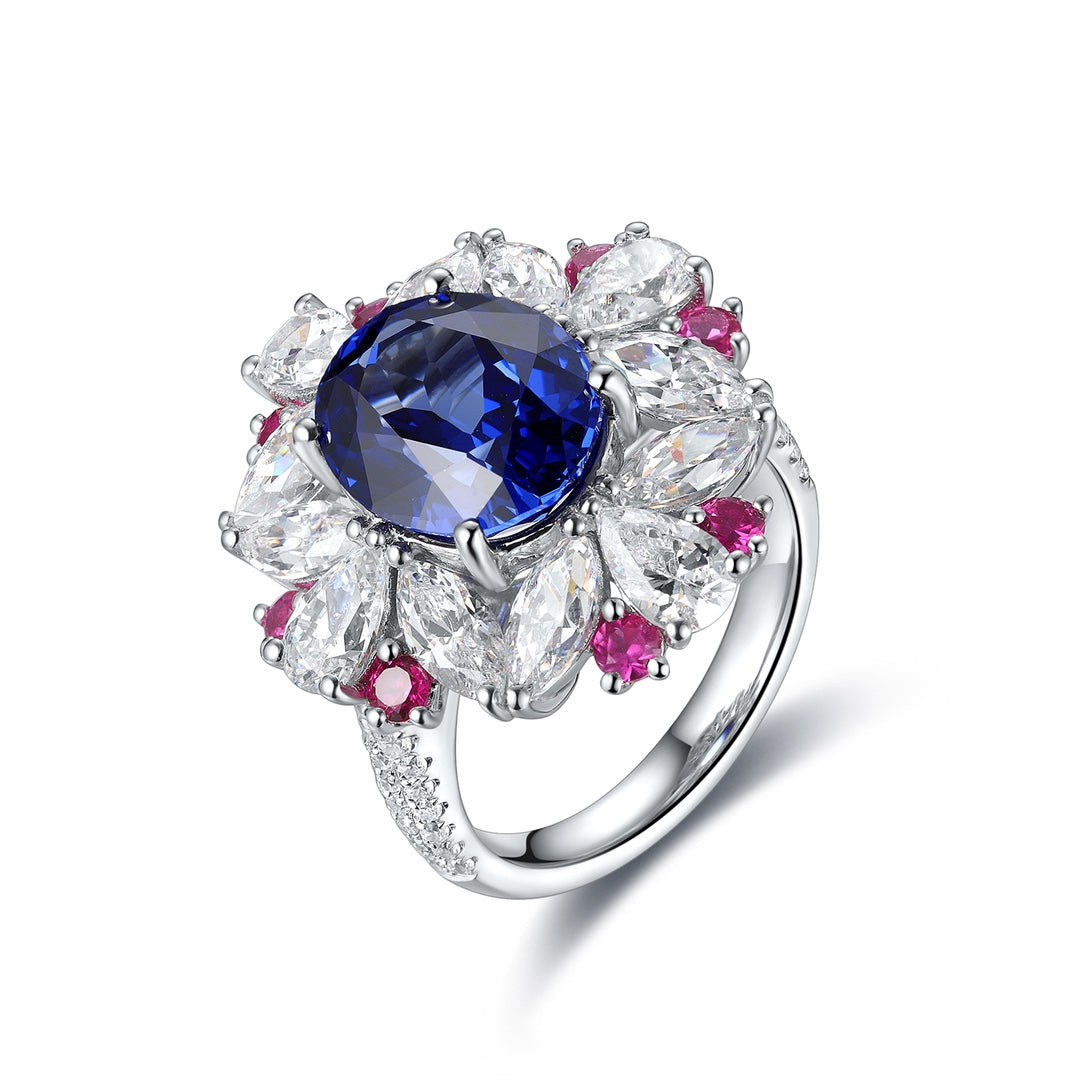 This ring is made of S925 silver with a flexible adjustable open design. The main stone is a deep-blue lab-grown sapphire, su