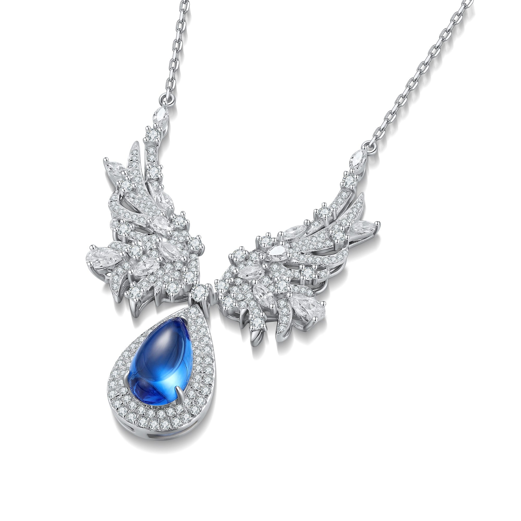 S925 silver chain with a delicate clasp, diamond-studded wings embrace a teardrop cobalt spinel, its blue is deep and charmin