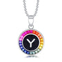 Petite S925 silver necklace, ball - chain design. Features a round "Y" pendant, multi - colored with lab - grown sapphires.