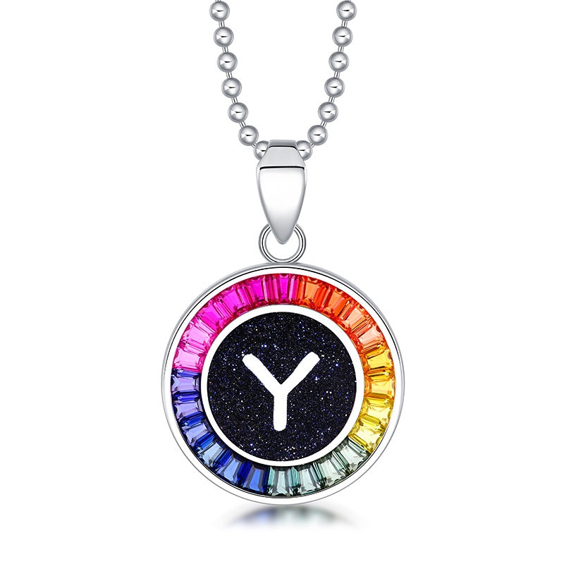 Petite S925 silver necklace, ball - chain design. Features a round "Y" pendant, multi - colored with lab - grown sapphires.