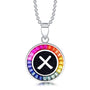 Petite S925 silver necklace, ball - chain design. Features a round "X" pendant, multi - colored with lab - grown sapphires.