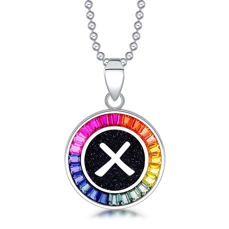 Petite S925 silver necklace, ball - chain design. Features a round "X" pendant, multi - colored with lab - grown sapphires.