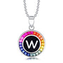 Petite S925 silver necklace, ball - chain design. Features a round "W" pendant, multi - colored with lab - grown sapphires.