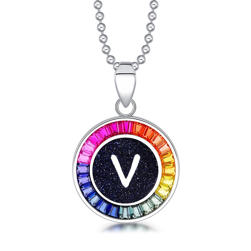 Petite S925 silver necklace, ball - chain design. Features a round "V" pendant, multi - colored with lab - grown sapphires.