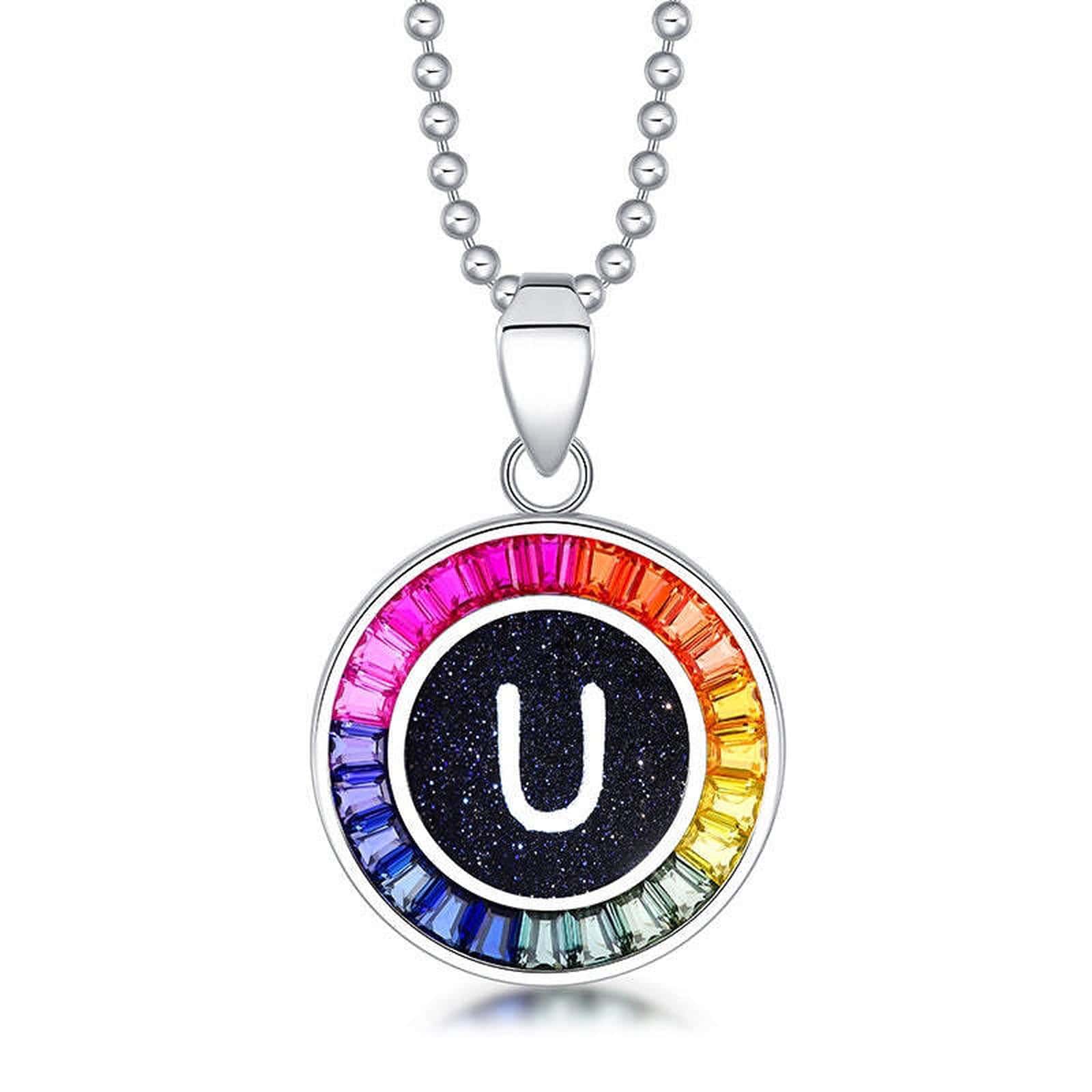 Petite S925 silver necklace, ball - chain design. Features a round "U" pendant, multi - colored with lab - grown sapphires.
