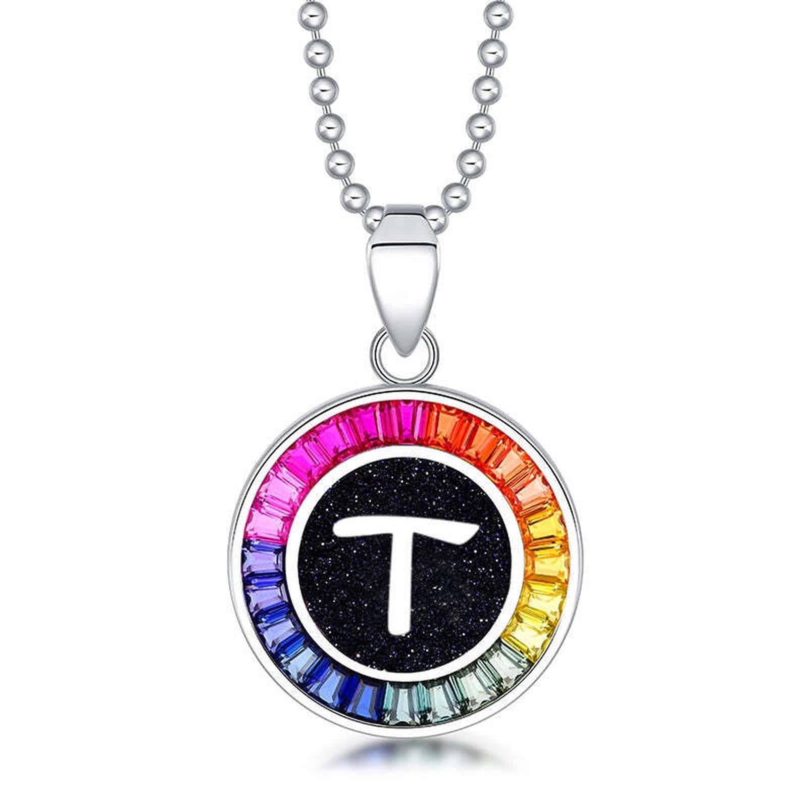 Petite S925 silver necklace, ball - chain design. Features a round "T" pendant, multi - colored with lab - grown sapphires.