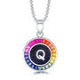 Petite S925 silver necklace, ball - chain design. Features a round "Q" pendant, multi - colored with lab - grown sapphires.