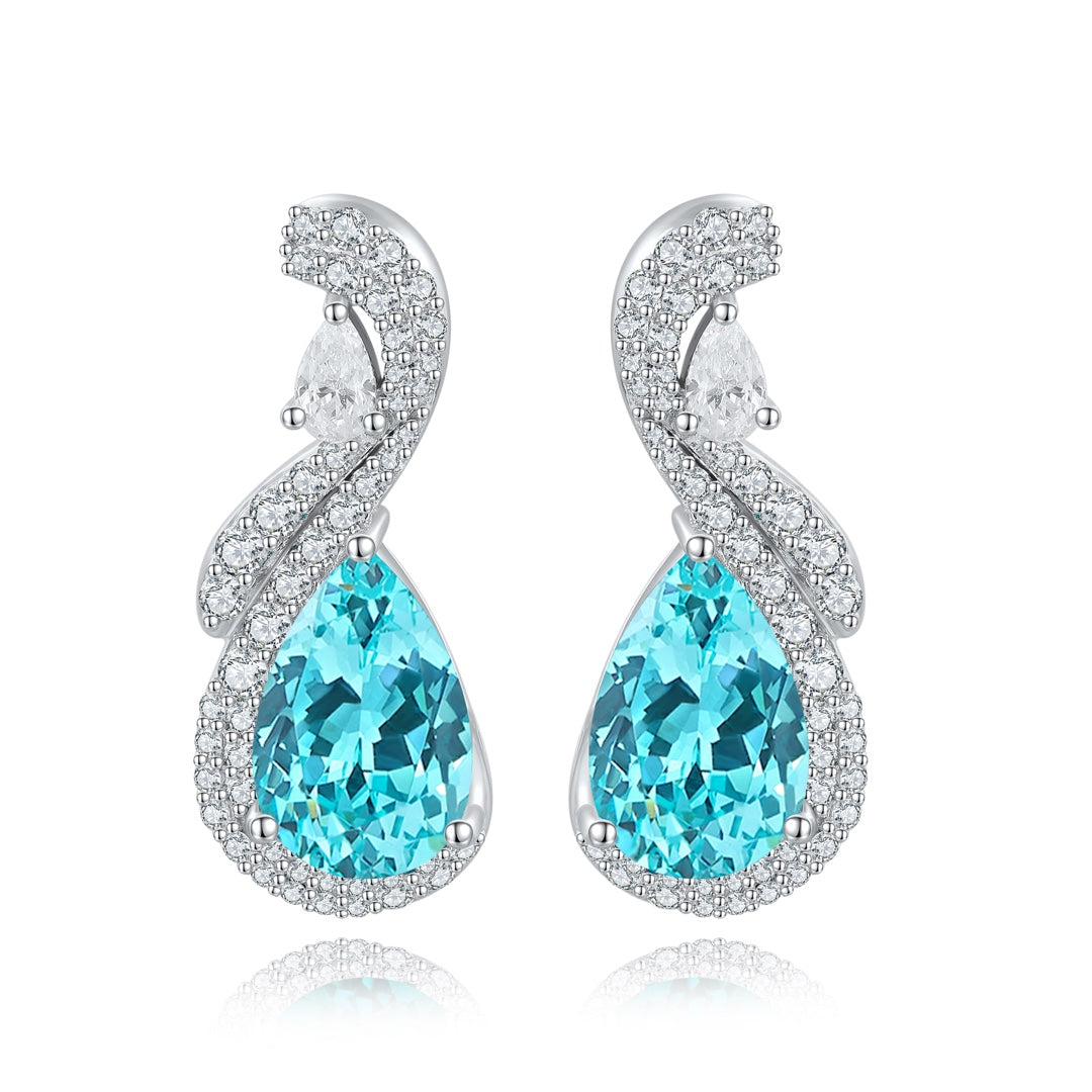 These stud earrings are made of S925 silver with delicate and secure ear clasps. The lab-grown Paraiba main stones are in fre