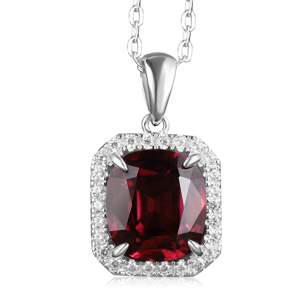 S925 silver pendant necklace. Simple chain with clasp, deep-red natural garnet in square halo setting, classic shape.
