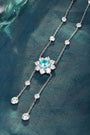 S925 silver pendant necklace with fine clasp. Shows a flower-shaped light blue gem encircled by diamonds, beautiful design.