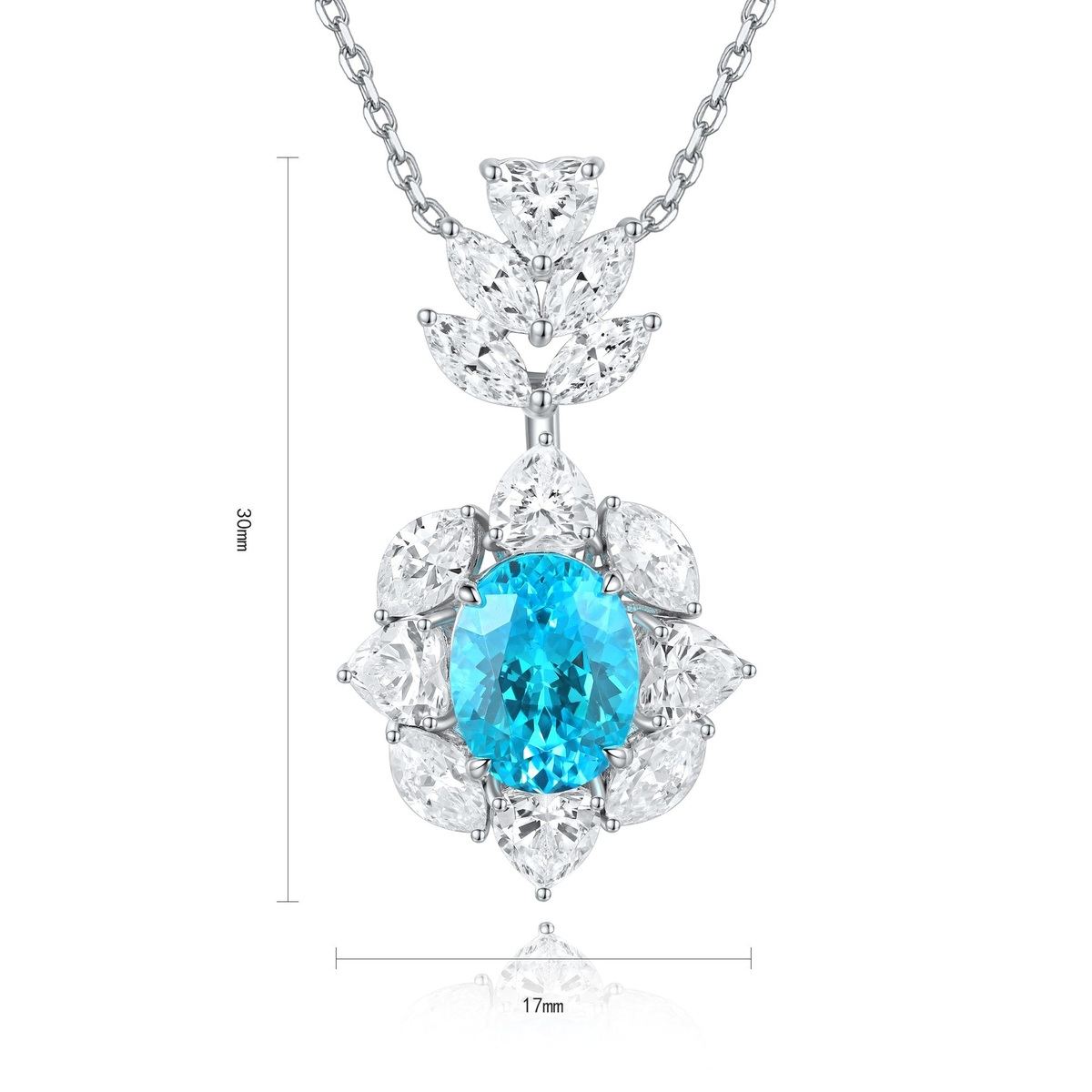 S925 silver with an exquisite clasp, the floral design sets off the lab-grown Paraíba, whose blue is extremely striking.