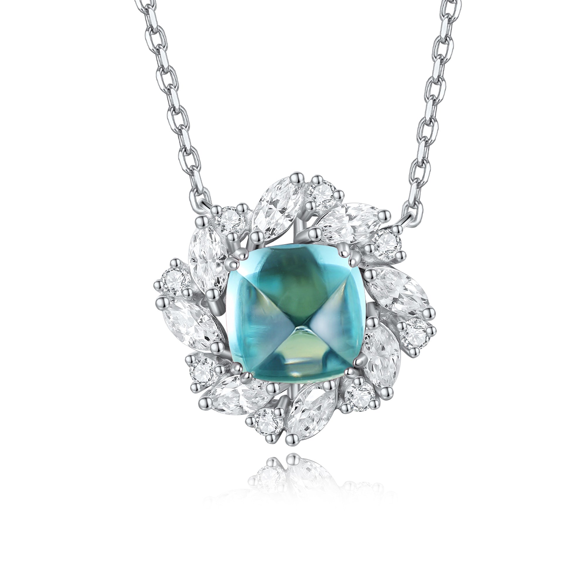 S925 silver chain with an exquisite clasp, floral design holds a square lab-grown Paraíba tourmaline, with charming blue-gre