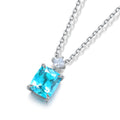 S925 silver necklace with clasp. Square lab-grown Paraíba tourmaline topped with a small diamond, vibrant blue color.