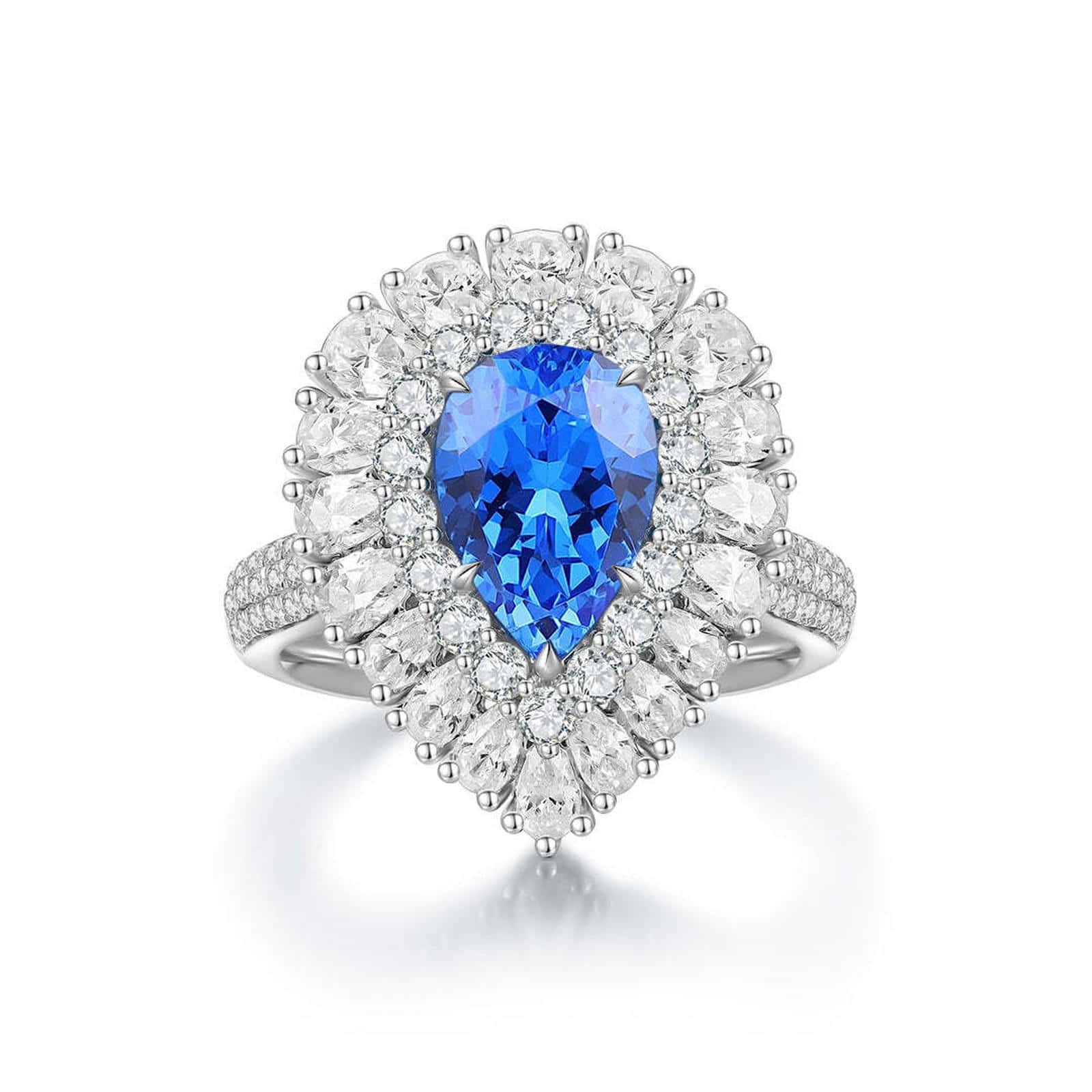 S925 silver ring, no opening (solid design). Pear - shaped electric blue lab - grown Paraiba surrounded by diamond halo.