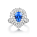 S925 silver ring, no opening (solid design). Pear - shaped electric blue lab - grown Paraiba surrounded by diamond halo.