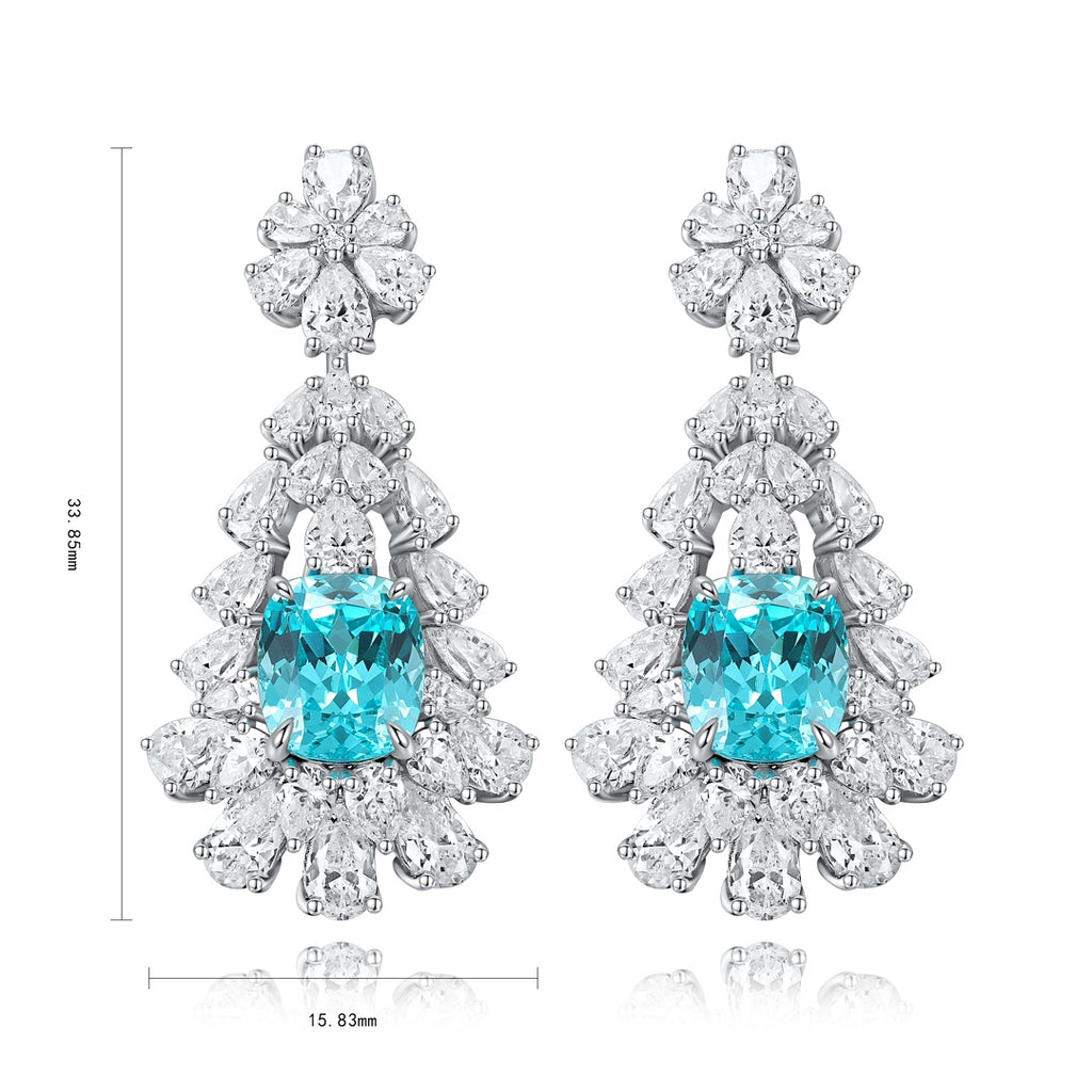 S925 silver stud earrings, secure clasp. Elaborate floral design with blue - green lab - grown diamond, teardrop - like shape